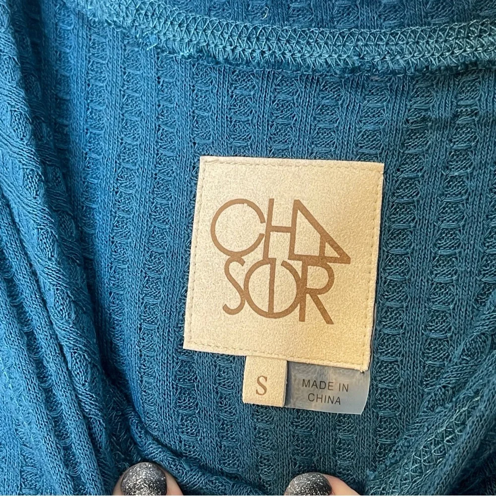 CHASER Teal Waffle Knit Hooded Long Sleeve Pullover Top Size Small - Picture 3 of 7